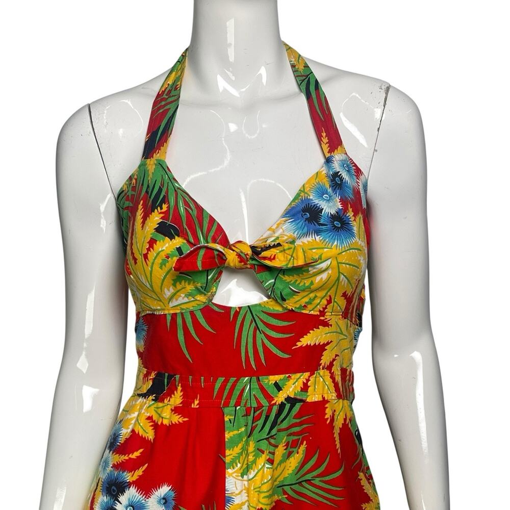 Vintage 70’s/Early 80’s Red Cotton Tropical Print Halter Dress Peek-a-Boo